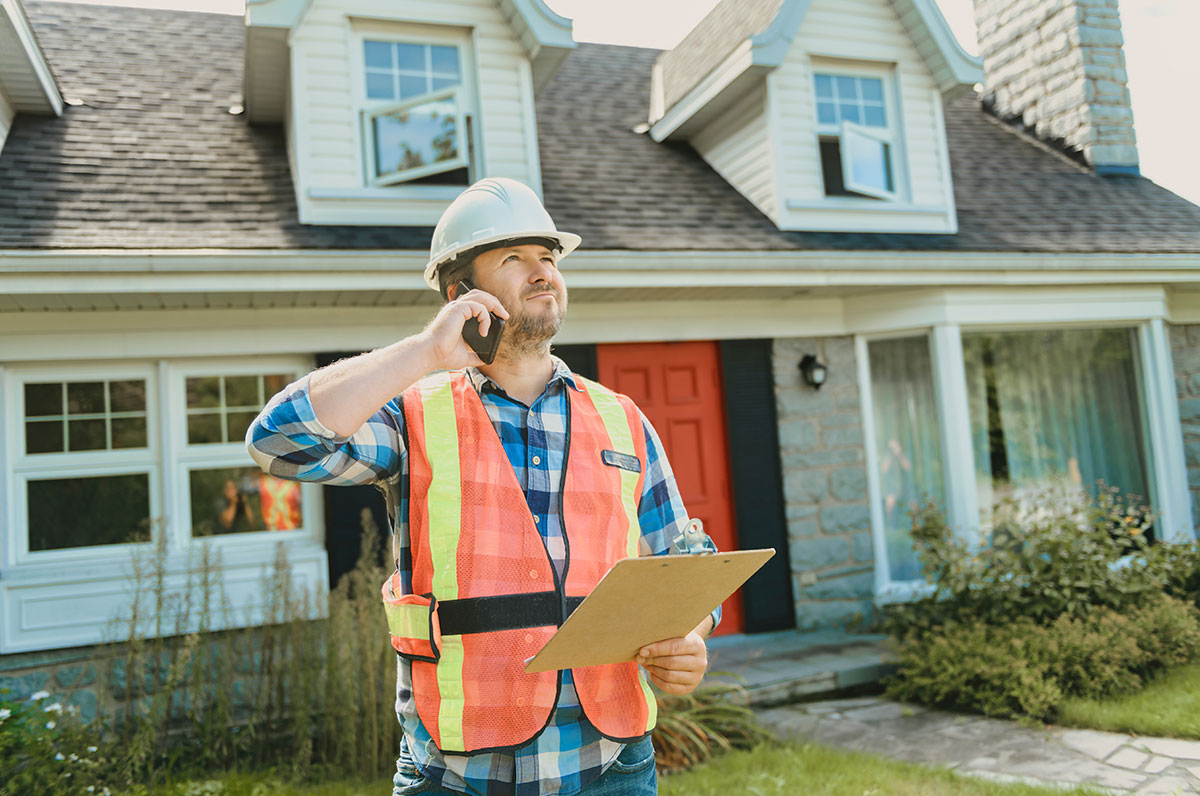Man with hard hat standing in front of a house to inspect