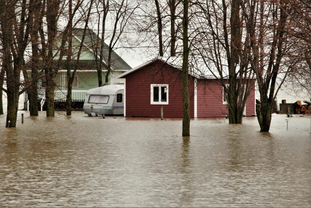 Red and green homes in the flood